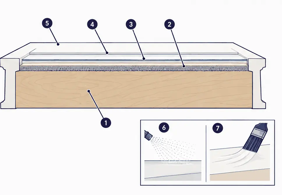 Diagram: cross-section of a cabinet door showing the core, a scuffed surface, a bonding primer and two cured coats