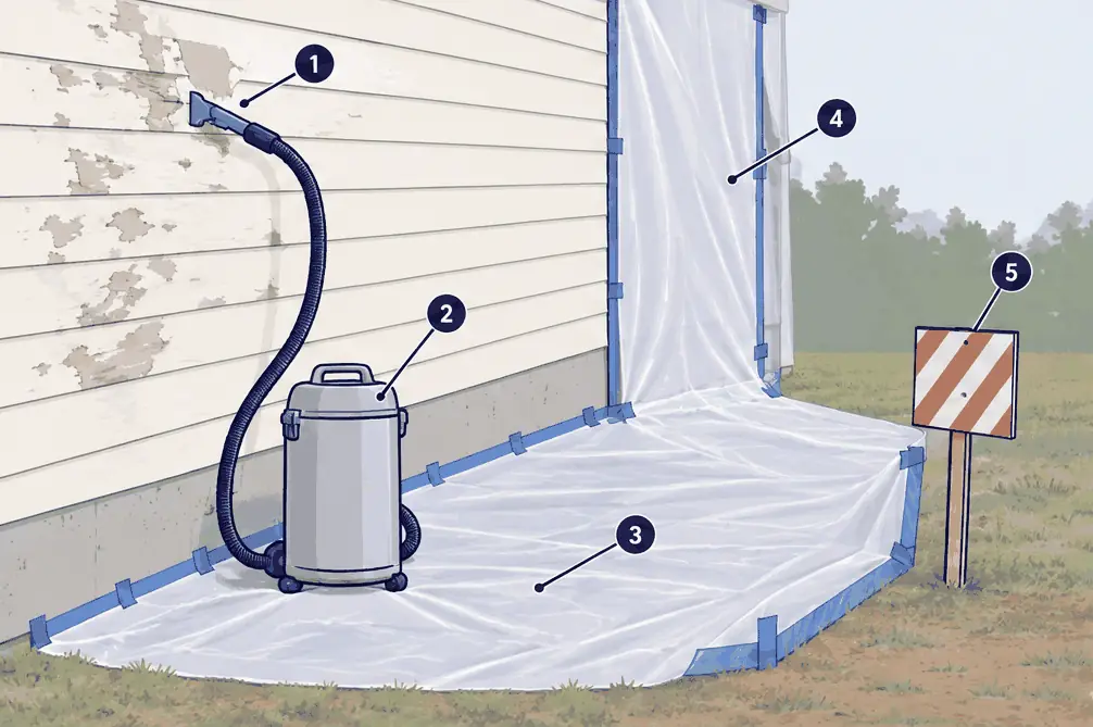 Diagram: side view of an older house wall with ground sheeting, a vertical barrier and a scraper with a vacuum attachment, no dry sanding